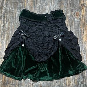 Vintage Goth Dark Green Velvet Mini Skirt with Black Lace Overlay